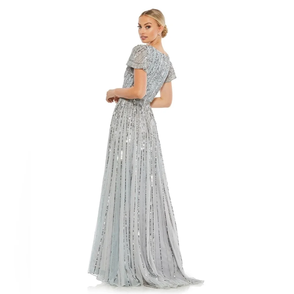 Cap sleeve embellished A-line blue slate gown - Picture 3 of 4